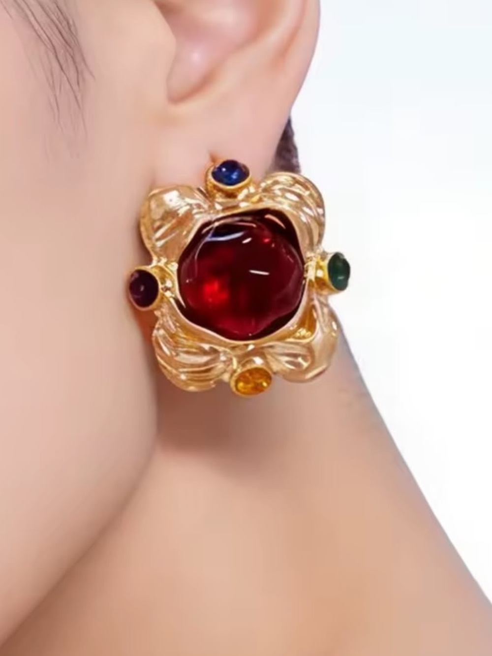 Anthropologie Gold-Tone Earrings with Deep Red Center and Multicolor Accents